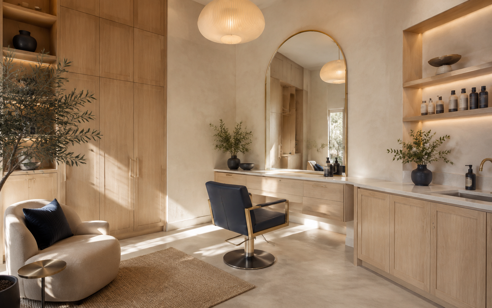 Bright, luxury private salon suite with warm wood finishes